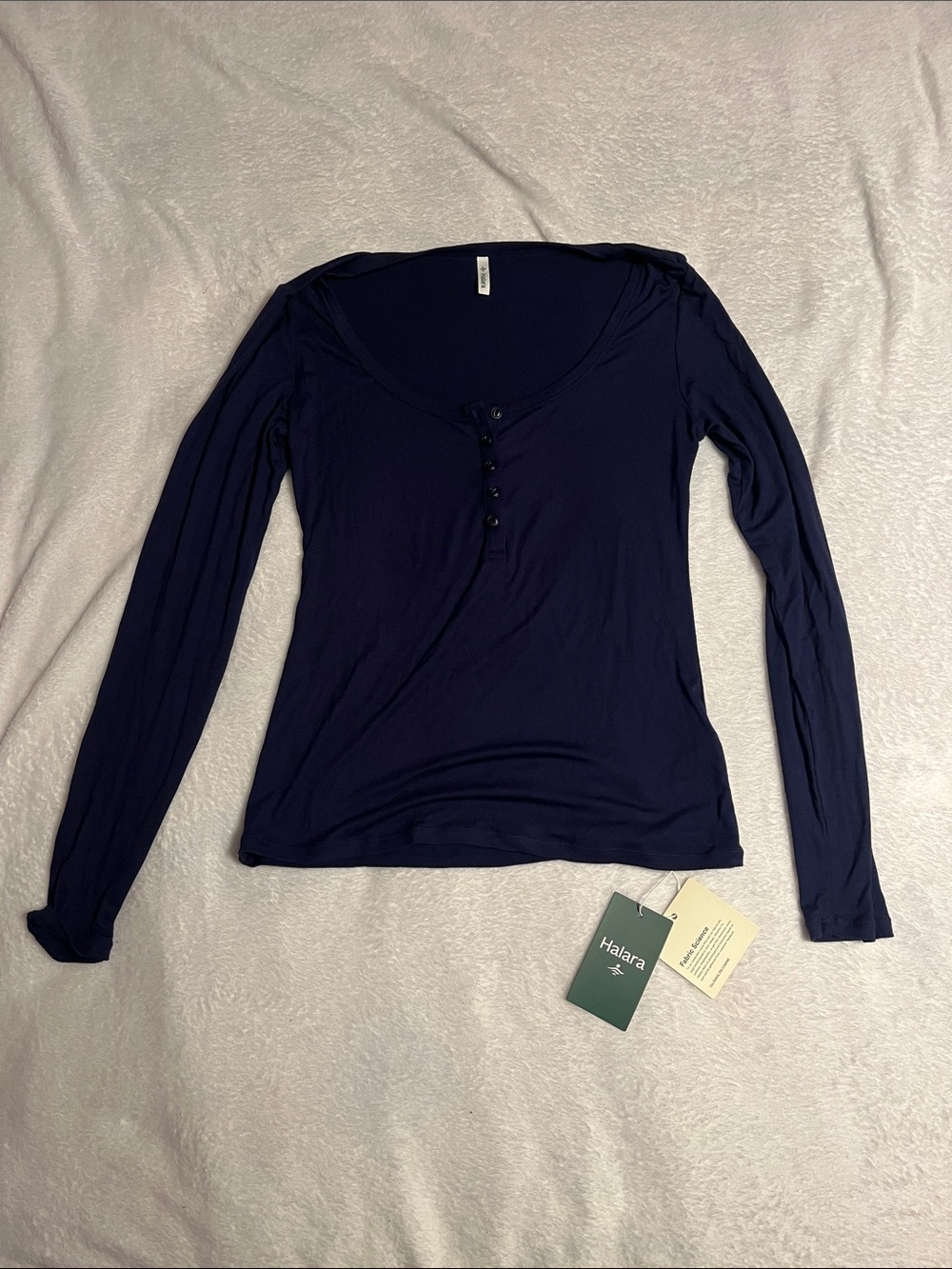 HALARA Navy Long Sleeve Henley Top with Scoop Neck